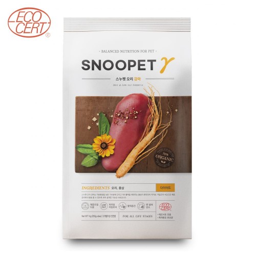 SNOOPET γ – 鮮鴨肉、紅參、蔬菜 天然有機乾狗糧 (低油健美有機配方) 1kg (橙字) [SP0332/0136]