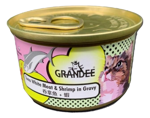 Grandee 無穀物貓罐頭 汁煮吞拿⿂+蝦 80g (粉)